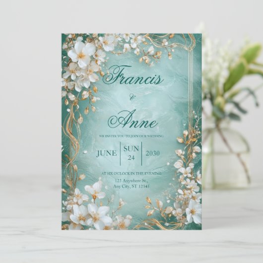 Aqua Gold Blossom Hochzeitseinladung Einladung (Stehend Vorderseite)