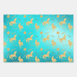 Aqua Gold Einhornsterne Geschenkpapier Set