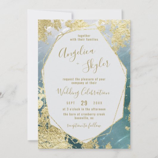 Aqua & Gold Foil Geometric Gem Terrarium Wedding Einladung (Vorderseite)