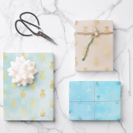 Aqua Gold Glam Tropische Ananas Geschenkpapier Set (Vorderseite)