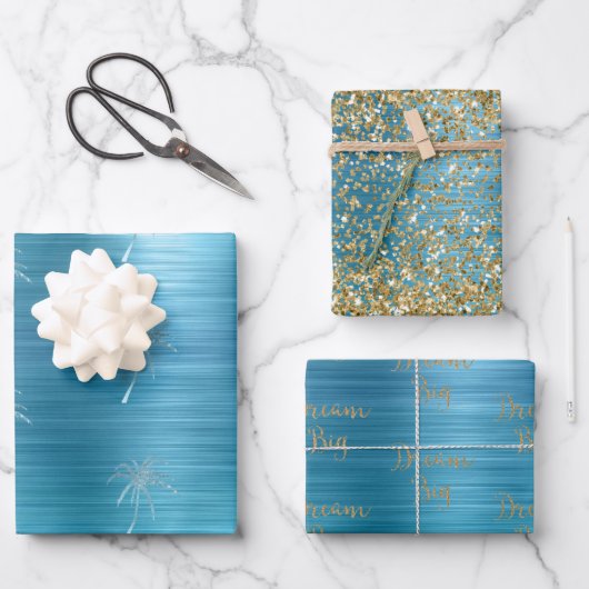 Aqua Gold Glitz Glitzer Tropischer Palm Geschenkpapier Set (Vorderseite)
