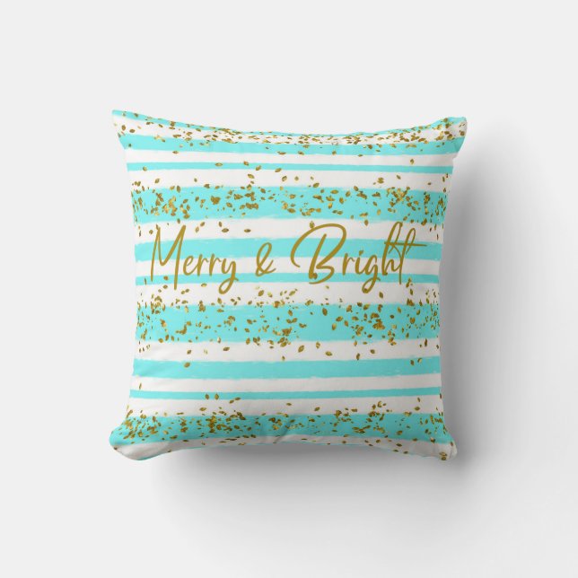 Aqua Gold Glitzer Confetti Merry & Bright Kissen (Vorderseite)