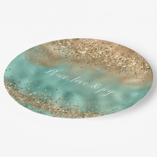 Aqua Gold Glitzer Confetti Pappteller (Schrägansicht)