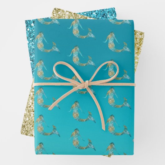 Aqua Gold Glitzer Sparkle Meerjungfrau Geschenkpapier Set (Beispiel)