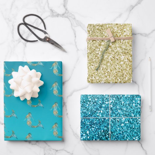 Aqua Gold Glitzer Sparkle Meerjungfrau Geschenkpapier Set (Vorderseite)