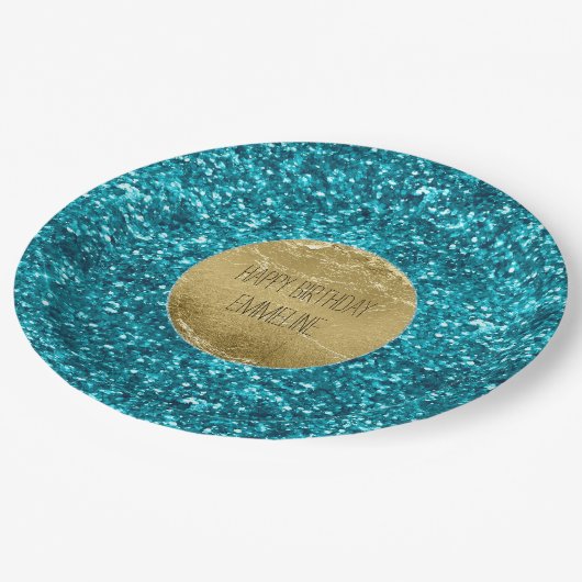 Aqua Gold Glitzy Glitzer (Meerjungfrau inspiriert) Pappteller (Schrägansicht)