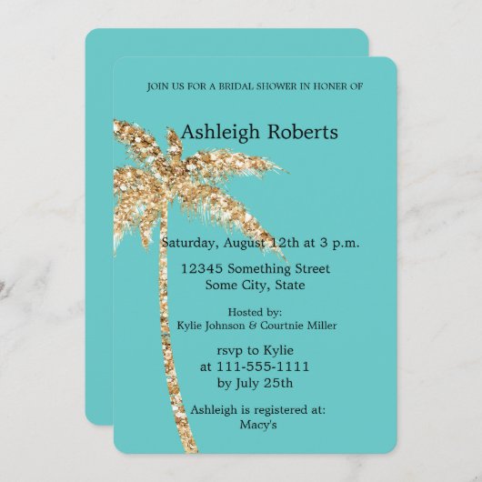 Aqua Gold Glitzy Gold Palm Tree Brautparty Einladung (Vorne/Hinten)