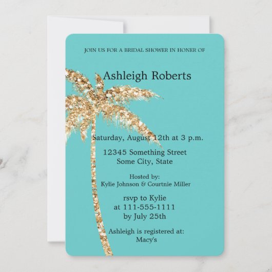 Aqua Gold Glitzy Gold Palm Tree Brautparty Einladung (Vorderseite)