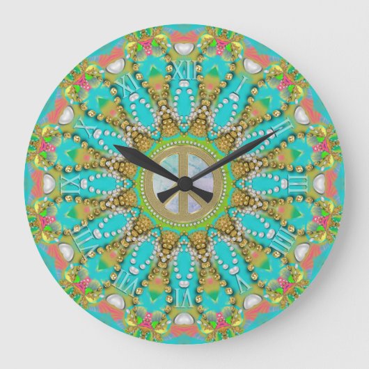 Aqua Gold Groovy Fraktal Gems Peace Mandala Große Wanduhr (Vorderseite)