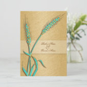 Aqua gold Hochzeitsweizen Blume Einladung (Stehend Vorderseite)