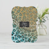 Aqua Gold Leopard Animal Print Glitzer Hochzeit Einladung (Stehend Vorderseite)