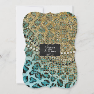 Aqua Gold Leopard Animal Print Glitzer Hochzeit Einladung
