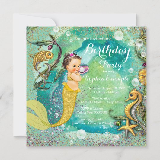 Aqua Gold Little Mermaid Under Sea Birthday Party Einladung (Vorderseite)