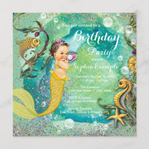 Aqua Gold Little Mermaid Under Sea Birthday Party Einladung