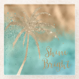 Aqua Gold Palm Tree Shine Bright Glitzer Glasuntersetzer