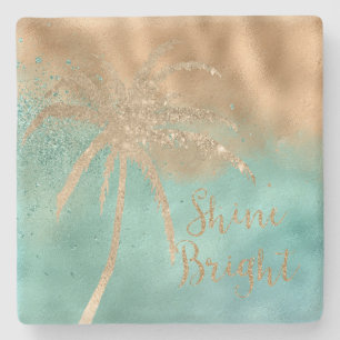 Aqua Gold Palm Tree Shine Bright Glitzer Steinuntersetzer