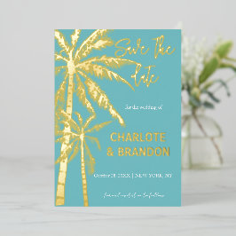 Aqua Gold Palm Trees Beach Hochzeit Save the Date Folieneinladung