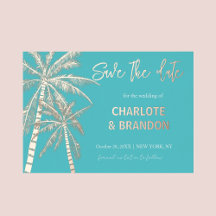 Aqua Gold Palm Trees Beach Hochzeit Save the Date