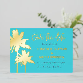 Aqua Gold Palm Trees Hochzeit speichern das Datum Folieneinladung