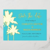 Aqua Gold Palm Trees Hochzeit speichern das Datum Folieneinladung (Vorderseite)