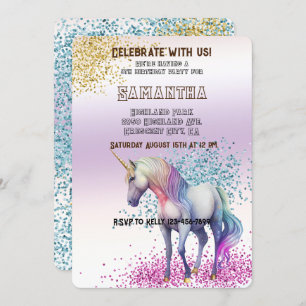 Aqua Gold Pink Einhorn Glitzer Einladung