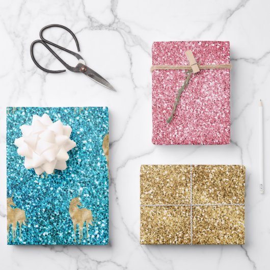 Aqua Gold Pink Glitzer Glam Einhorn Sparkasse   Geschenkpapier Set (Vorderseite)