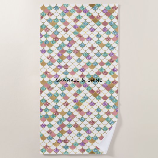 Aqua Gold Pink Glitzy Mermaid Glitzer Strandtuch (Vorderseite)