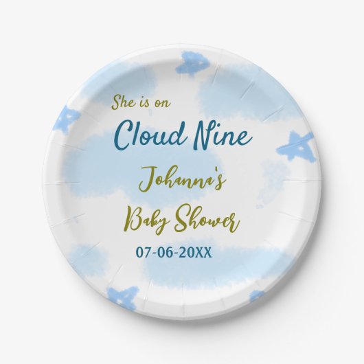 Aqua gold sie ist auf Wolke neun Baby Duschwolken Pappteller (Vorderseite)