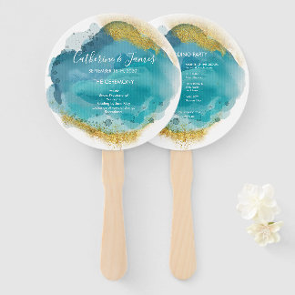 Aqua & Gold Watercolor Hochzeitsprogramm Fächer
