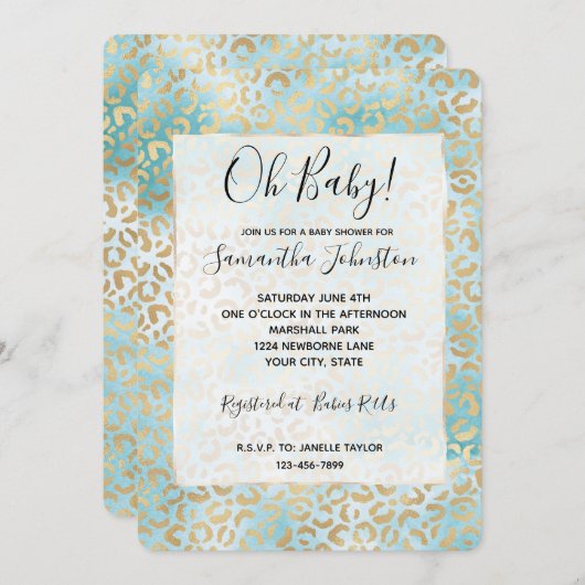 Aqua Gold White Leopard Print Einladung (Vorne/Hinten)