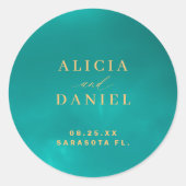 Aqua Goldblauer Sommermeer Hochzeit in Urlaubsort Runder Aufkleber (Vorderseite)