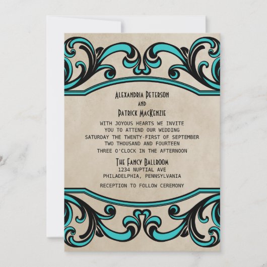 Aqua Gothic Wirbel Wedding Invite Einladung (Vorderseite)
