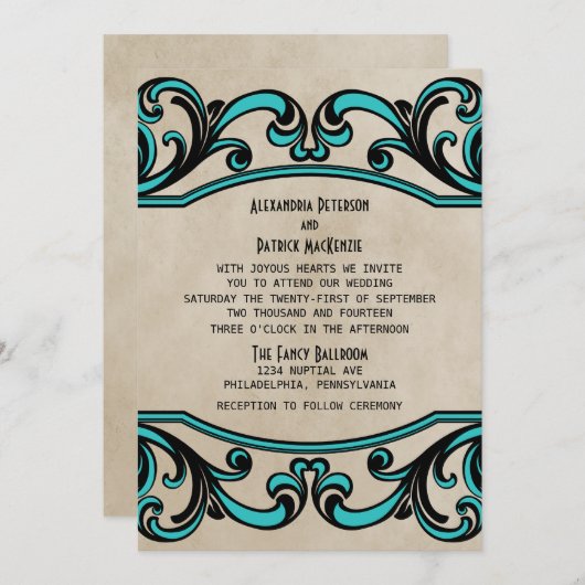 Aqua Gothic Wirbel Wedding Invite Einladung (Vorne/Hinten)