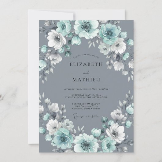 Aqua-Grau-Kranz-Hochzeit Einladung (Vorderseite)