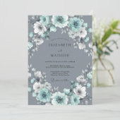 Aqua-Grau-Kranz-Hochzeit Einladung (Stehend Vorderseite)