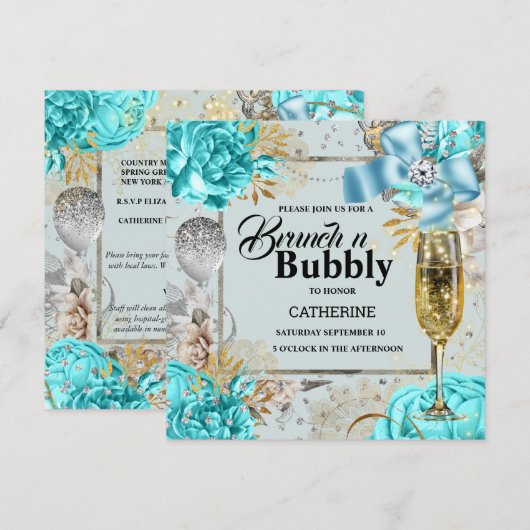 Aqua grau Rose Shabby Chic Bubbly Glitzer Einladung (Vorne/Hinten)