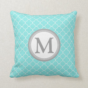 Aqua graues Quatrefoil Monogramm-dekoratives Kissen