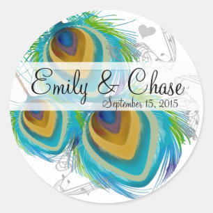 Aqua Gray 3 Peacock Feathers Wedding Sticker