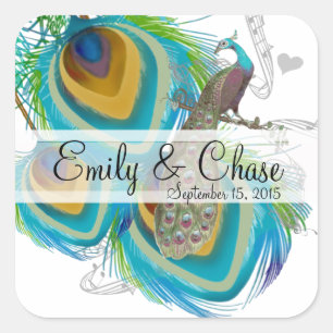 Aqua Gray 3 Peacock Feathers Wedding Sticker