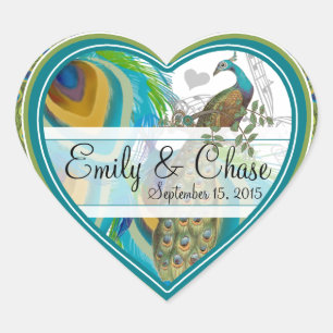 Aqua Gray 3 Peacock Feathers Wedding Sticker