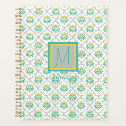 Aqua Gray Chartreuse Trendy Monogram Planer (Vorderseite)