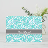 Aqua Gray Damask Bat Mitzvah Einladungen (Stehend Vorderseite)