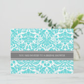 Aqua Gray Damask Bridal Dusche Einladung (Stehend Vorderseite)