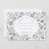 Aqua Gray Floral Pattern Blue Love Bird Wedding Einladung (Vorderseite)
