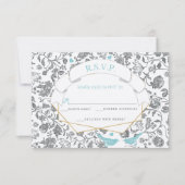 Aqua Gray Floral Pattern Blue Love Bird Wedding Einladung (Vorderseite)