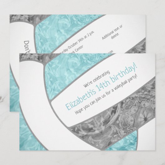 Aqua gray Girl Volleyball Geburtstagsparty Einladung (Vorne/Hinten)