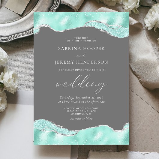 Aqua Gray Silver Foil Glitzer Wedding Einladung