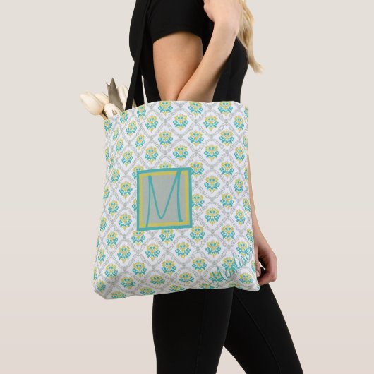 Aqua Gray und Chartreuse Muster Trendy Monogram Tasche (Von Nahem)