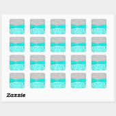Aqua, Gray und White Damask Hochzeitssticker Quadratischer Aufkleber (Blatt)