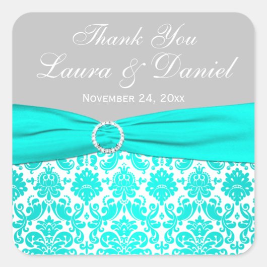 Aqua, Gray und White Damask Hochzeitssticker Quadratischer Aufkleber (Vorderseite)